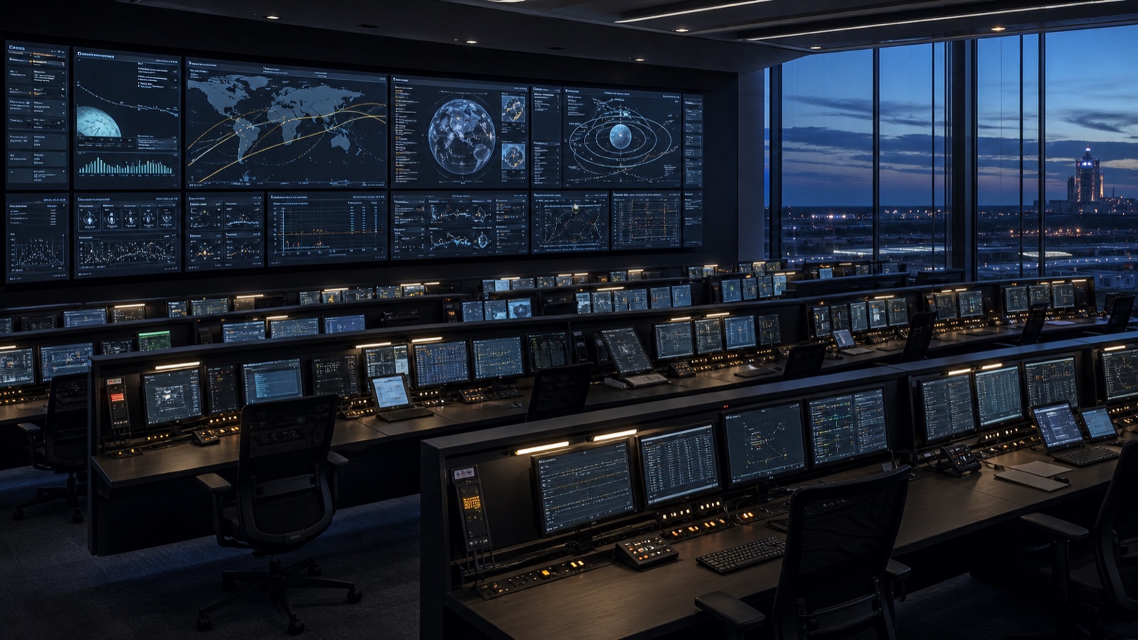 Modern aerospace control room with rows of consoles and abstract telemetry displays.
